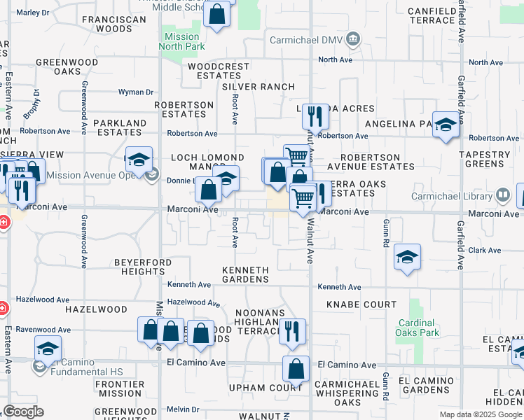 map of restaurants, bars, coffee shops, grocery stores, and more near 4947 Marconi Avenue in Carmichael