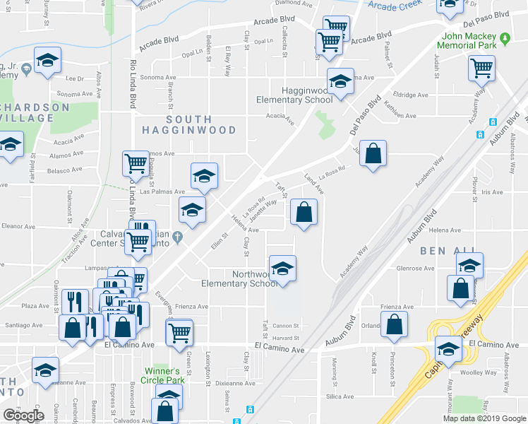 map of restaurants, bars, coffee shops, grocery stores, and more near 2825 Janette Way in Sacramento