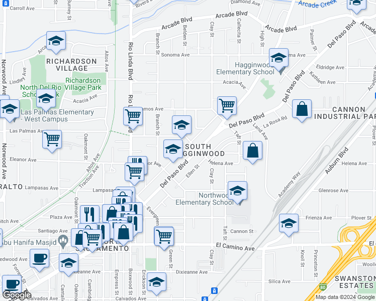 map of restaurants, bars, coffee shops, grocery stores, and more near 2753 Del Paso Boulevard in Sacramento