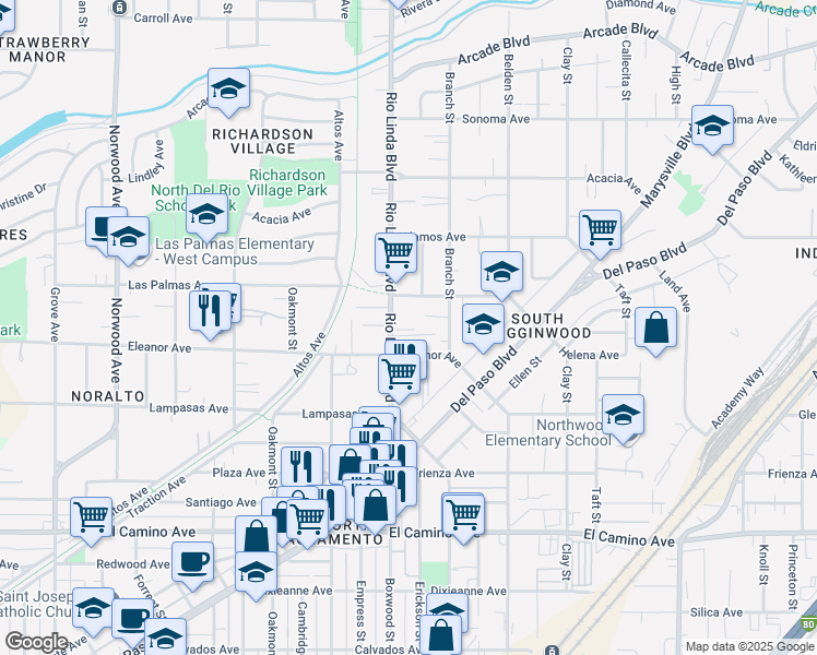 map of restaurants, bars, coffee shops, grocery stores, and more near 2748 Rio Linda Boulevard in Sacramento