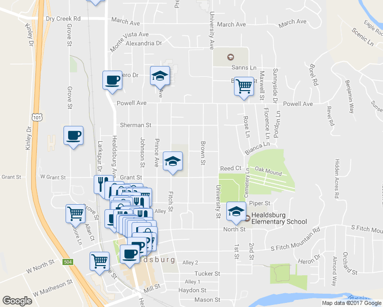 map of restaurants, bars, coffee shops, grocery stores, and more near 414 Lincoln Street in Healdsburg
