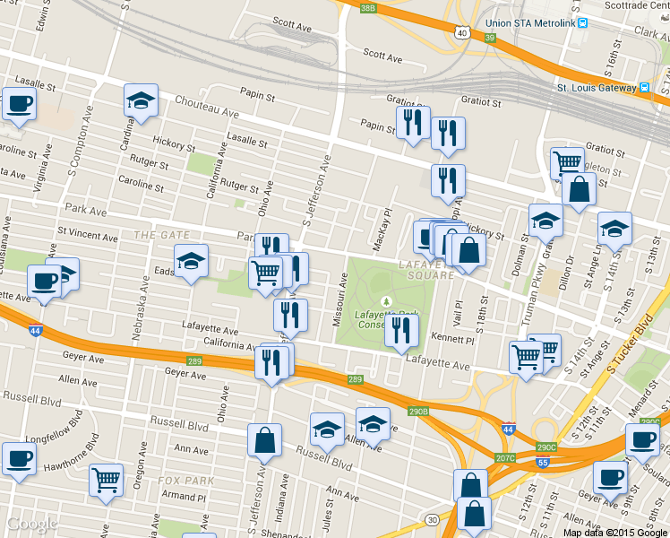 map of restaurants, bars, coffee shops, grocery stores, and more near 2314 Park Avenue in St. Louis