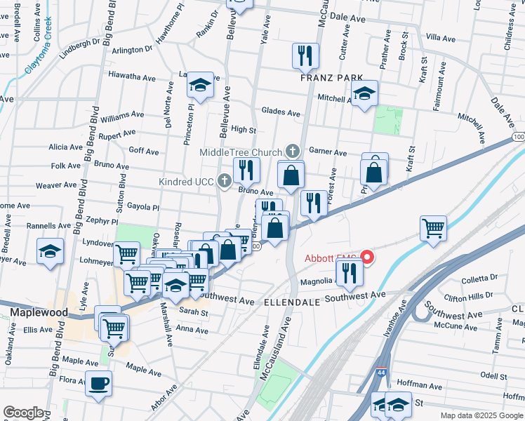 map of restaurants, bars, coffee shops, grocery stores, and more near 2225 Richert Place in St. Louis