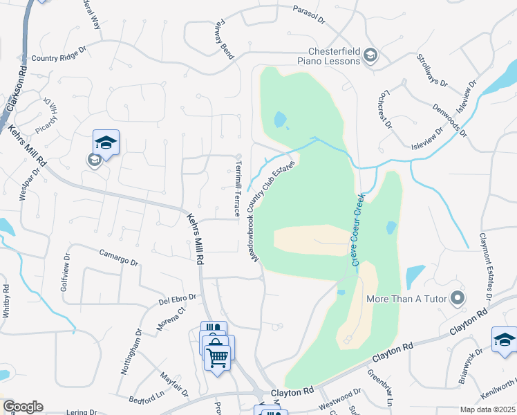 map of restaurants, bars, coffee shops, grocery stores, and more near 6 Meadowbrook Country Club Estates in Chesterfield