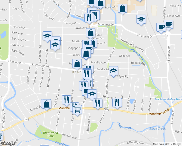 map of restaurants, bars, coffee shops, grocery stores, and more near 2400 S Brentwood Blvd in St Louis