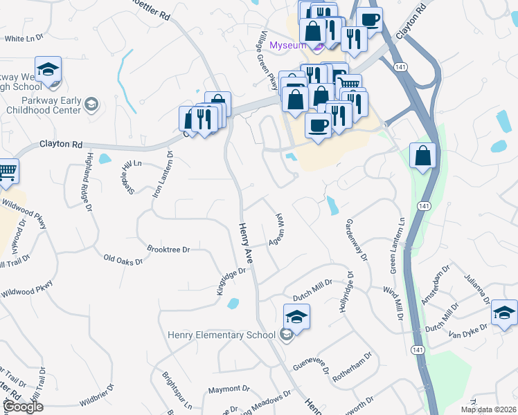 map of restaurants, bars, coffee shops, grocery stores, and more near 601 Rue Montand Drive in Ballwin
