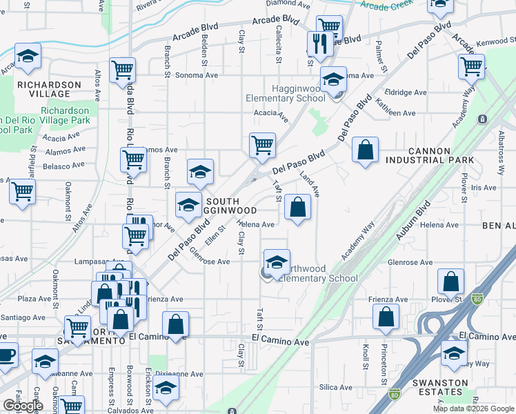 map of restaurants, bars, coffee shops, grocery stores, and more near 2825 Janette Way in Sacramento