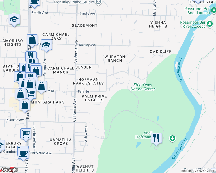 map of restaurants, bars, coffee shops, grocery stores, and more near 6401 Orange Hill Lane in Carmichael