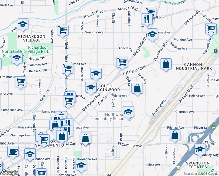 map of restaurants, bars, coffee shops, grocery stores, and more near 2800 Del Paso Boulevard in Sacramento