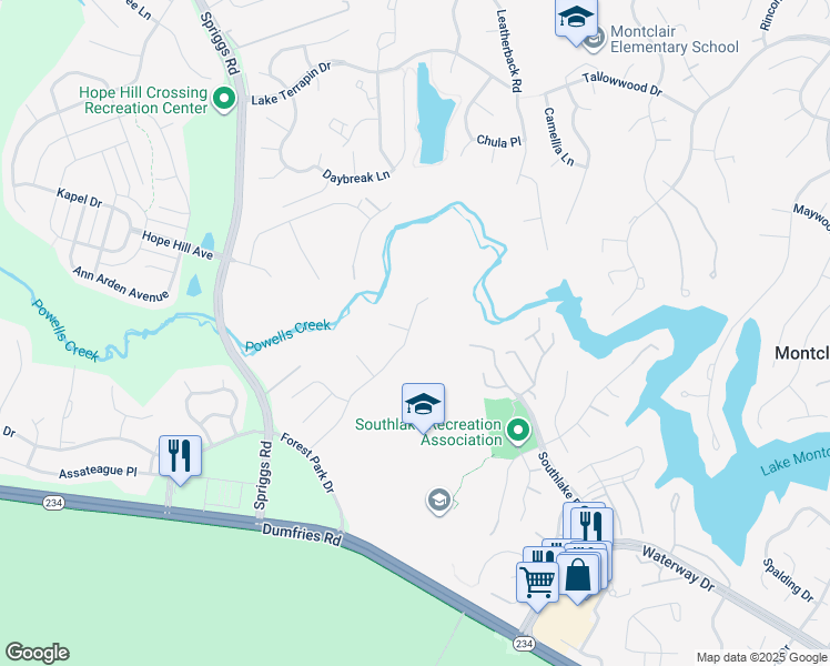map of restaurants, bars, coffee shops, grocery stores, and more near 5301 Gunston Hall Drive in Woodbridge