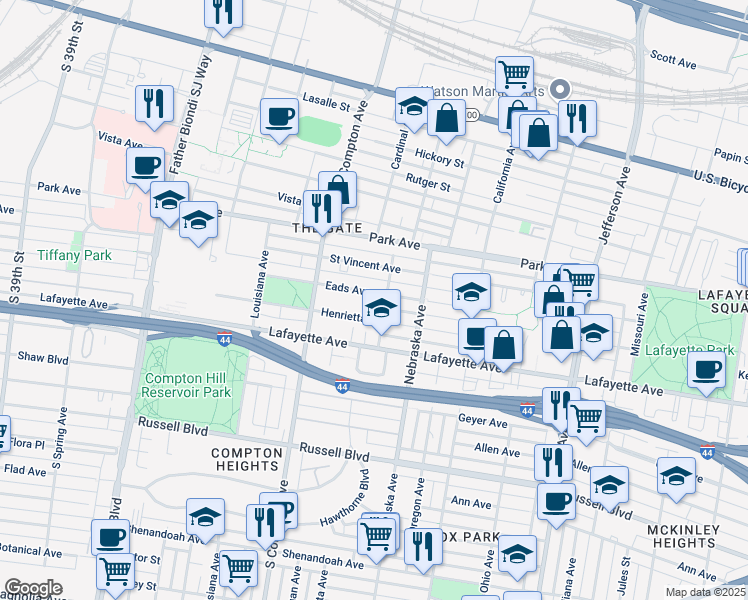 map of restaurants, bars, coffee shops, grocery stores, and more near 3012 Eads Avenue in St. Louis