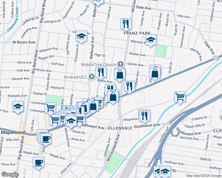 map of restaurants, bars, coffee shops, grocery stores, and more near 2225 Richert Place in St. Louis