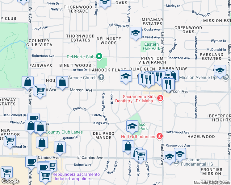 map of restaurants, bars, coffee shops, grocery stores, and more near 4006 Marconi Avenue in Sacramento