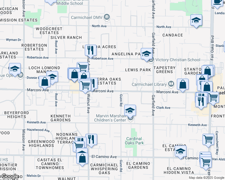 map of restaurants, bars, coffee shops, grocery stores, and more near 5225b Marconi Avenue in Carmichael