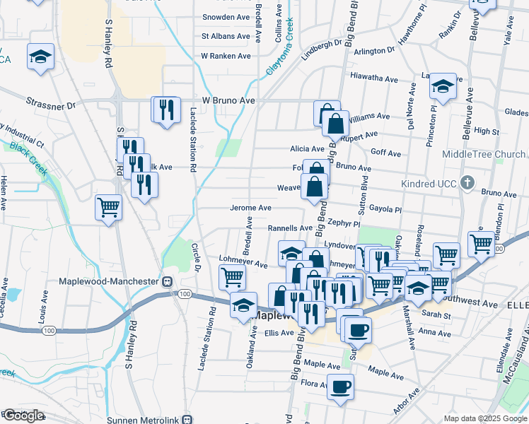 map of restaurants, bars, coffee shops, grocery stores, and more near 7632 Jerome Avenue in Maplewood