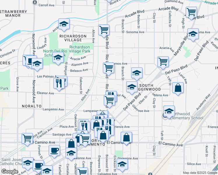 map of restaurants, bars, coffee shops, grocery stores, and more near 2740 Rio Linda Boulevard in Sacramento