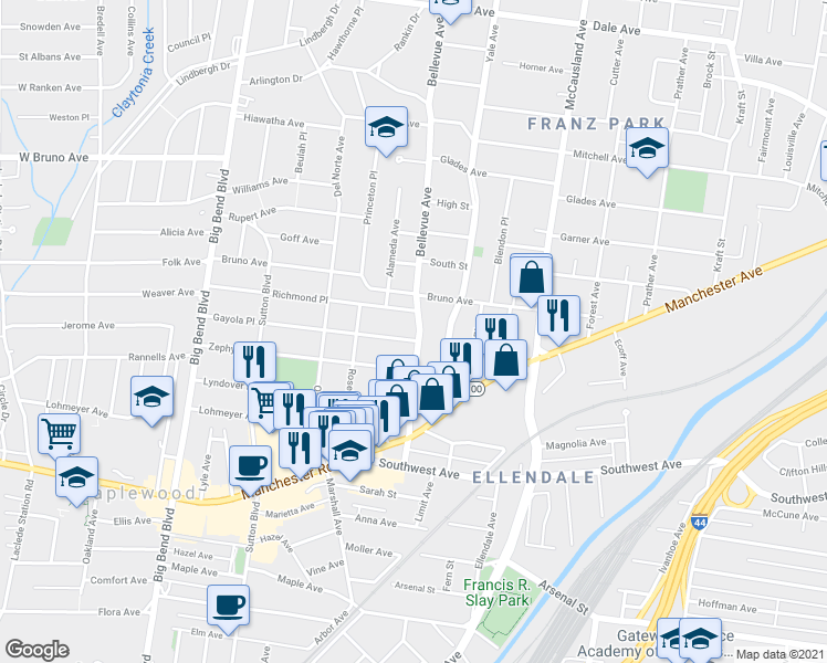 map of restaurants, bars, coffee shops, grocery stores, and more near 2317 Bellevue Avenue in Maplewood