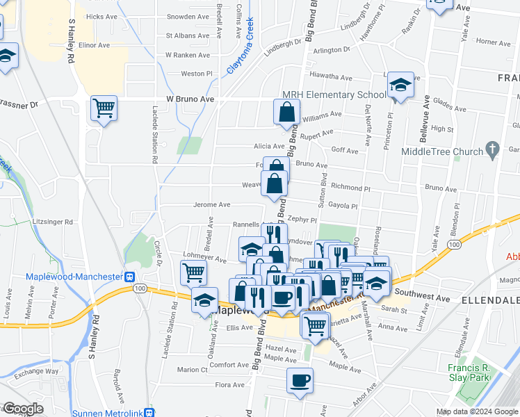 map of restaurants, bars, coffee shops, grocery stores, and more near 7550 Jerome Avenue in Maplewood