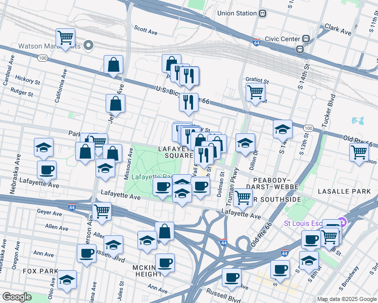 map of restaurants, bars, coffee shops, grocery stores, and more near 1927 Park Avenue in St. Louis