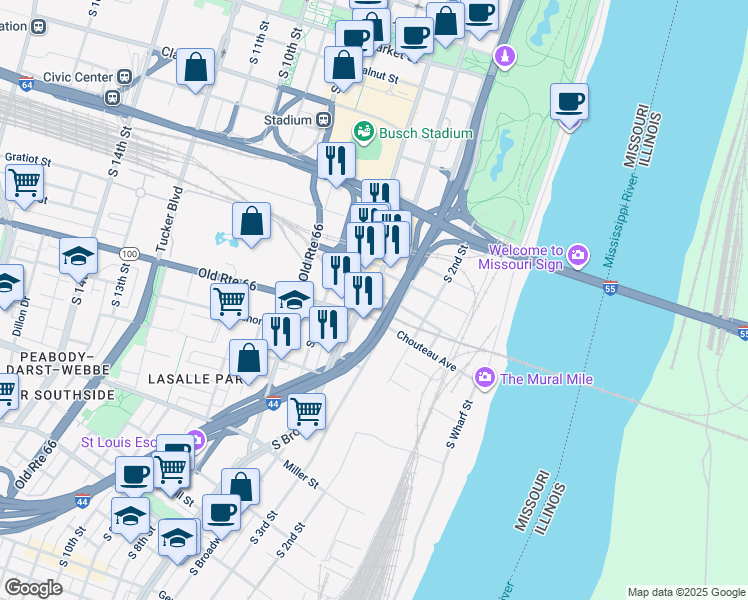 map of restaurants, bars, coffee shops, grocery stores, and more near 900 South 4th Street in St. Louis