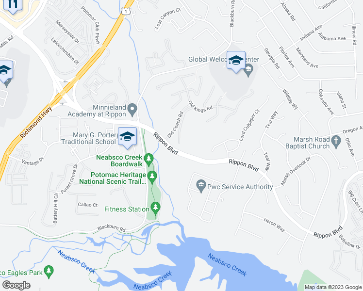 map of restaurants, bars, coffee shops, grocery stores, and more near 15374 Blacksmith Terrace in Woodbridge