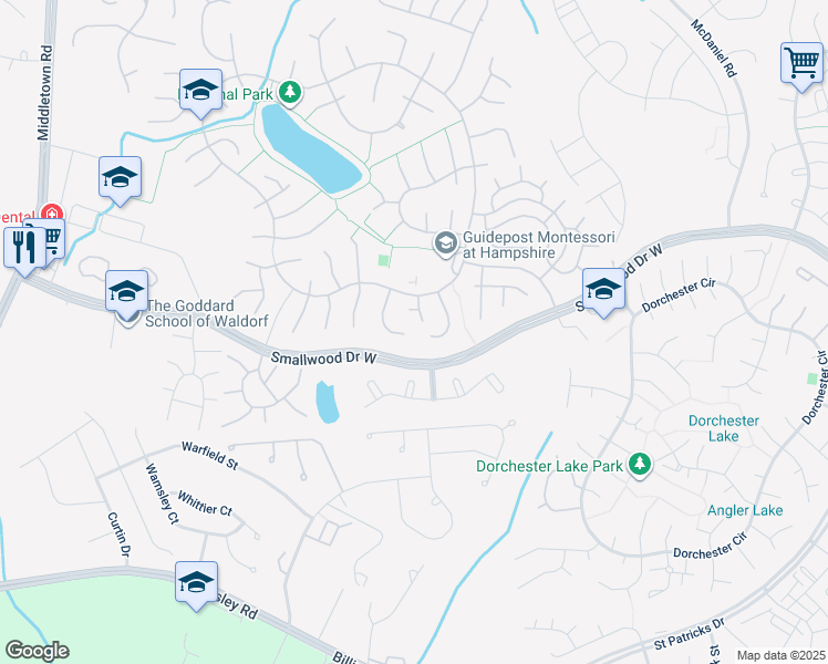 map of restaurants, bars, coffee shops, grocery stores, and more near 6224 Bighorn Court in Waldorf