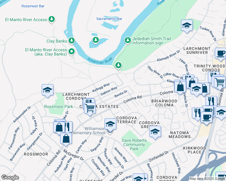map of restaurants, bars, coffee shops, grocery stores, and more near 10836 Oakton Way in Rancho Cordova