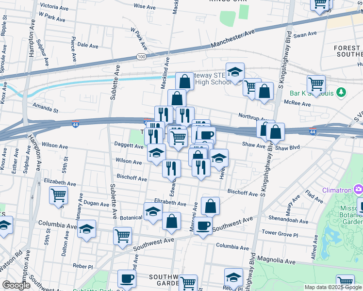 map of restaurants, bars, coffee shops, grocery stores, and more near 1920 Edwards Street in St. Louis