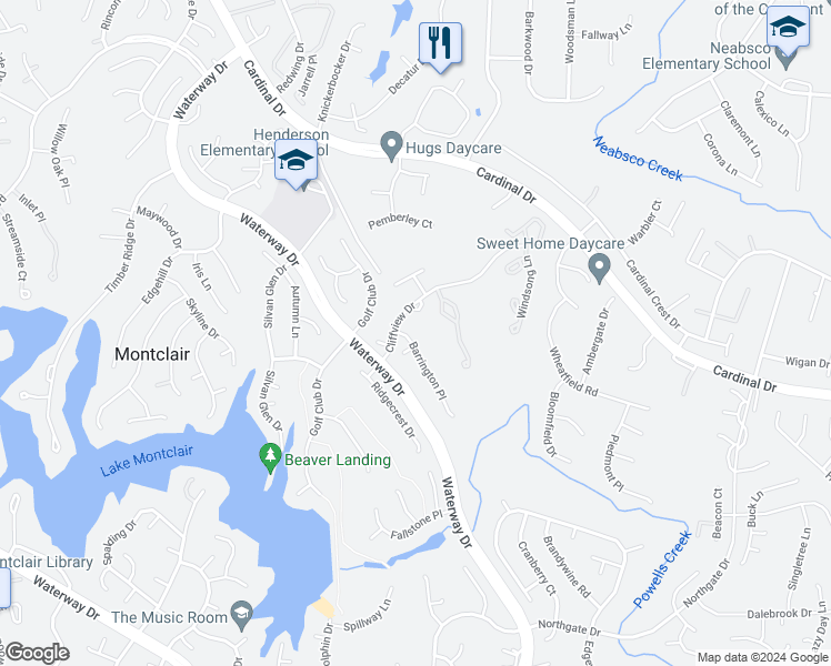 map of restaurants, bars, coffee shops, grocery stores, and more near 15505 Barrington Place in Montclair