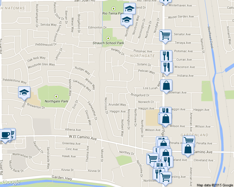 map of restaurants, bars, coffee shops, grocery stores, and more near 2851 Carberry Way in Sacramento