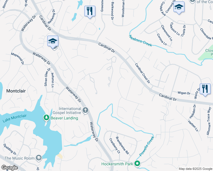 map of restaurants, bars, coffee shops, grocery stores, and more near 15468 Windsong Lane in Montclair