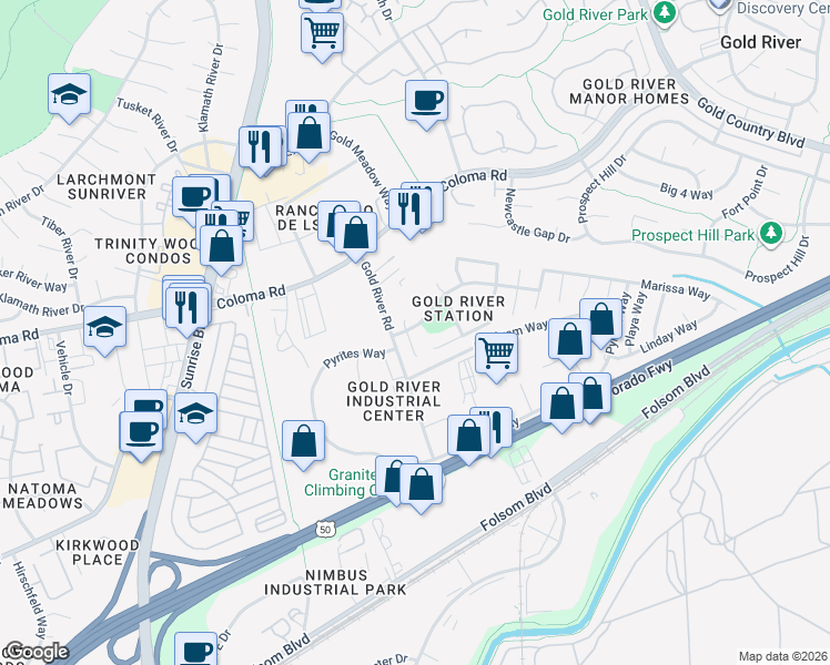 map of restaurants, bars, coffee shops, grocery stores, and more near 2359 Stone River Court in Gold River