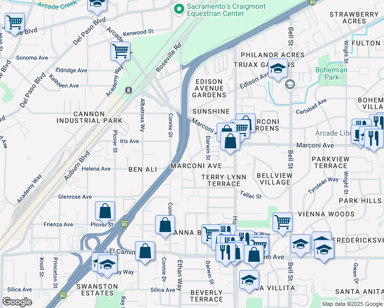 map of restaurants, bars, coffee shops, grocery stores, and more near 2842 Aurora Avenue in Sacramento