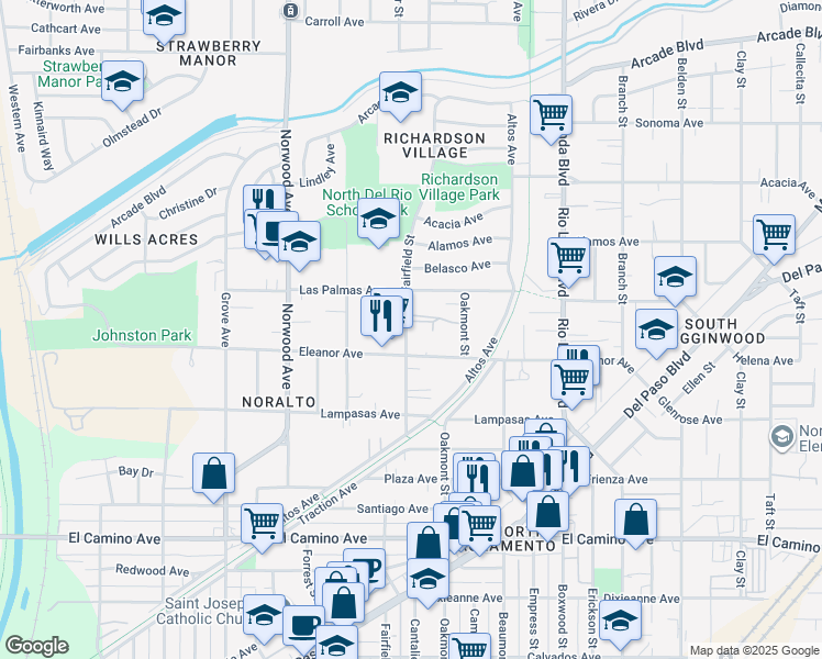 map of restaurants, bars, coffee shops, grocery stores, and more near 2740 Fairfield Street in Sacramento