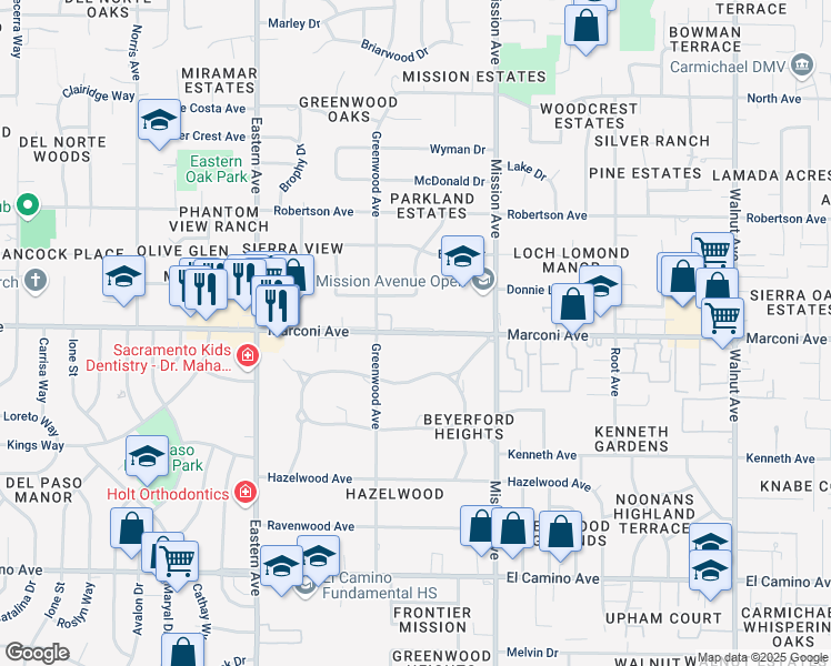 map of restaurants, bars, coffee shops, grocery stores, and more near 4544 Marconi Avenue in Sacramento