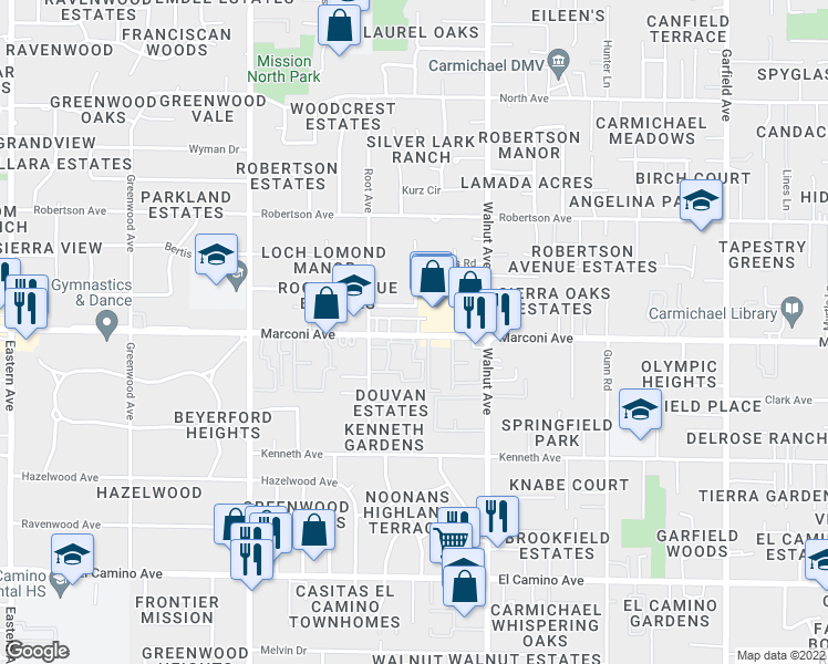 map of restaurants, bars, coffee shops, grocery stores, and more near 4947 Marconi Avenue in Carmichael