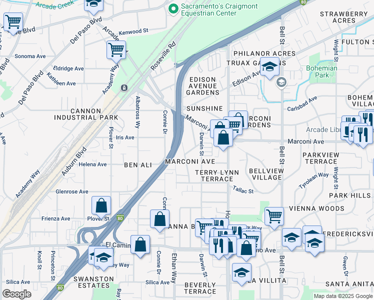 map of restaurants, bars, coffee shops, grocery stores, and more near 2842 Aurora Avenue in Sacramento