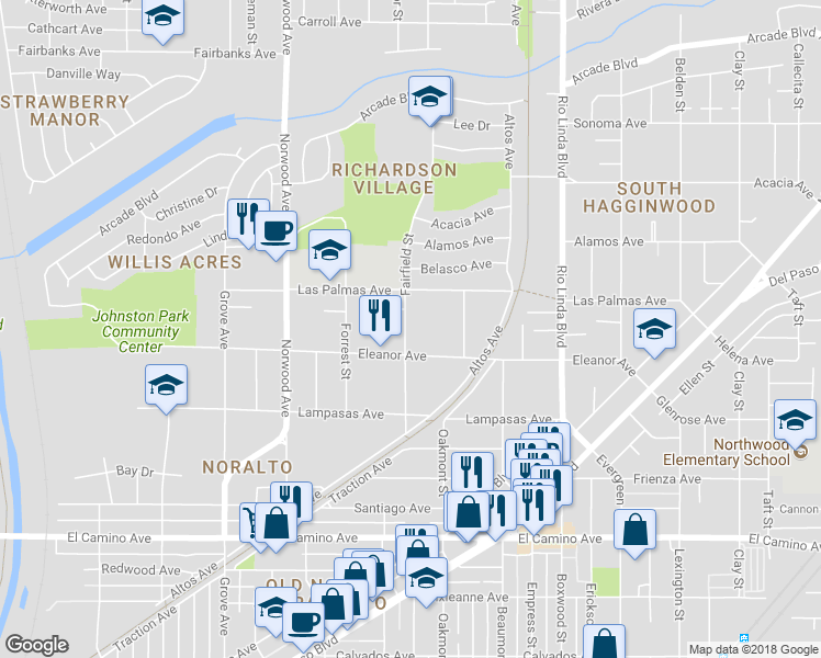 map of restaurants, bars, coffee shops, grocery stores, and more near 2740 Fairfield Street in Sacramento