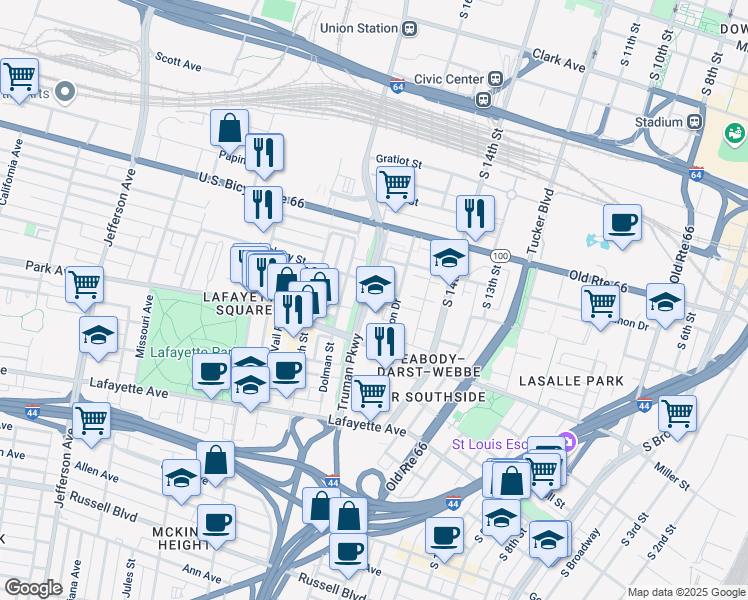 map of restaurants, bars, coffee shops, grocery stores, and more near in St. Louis