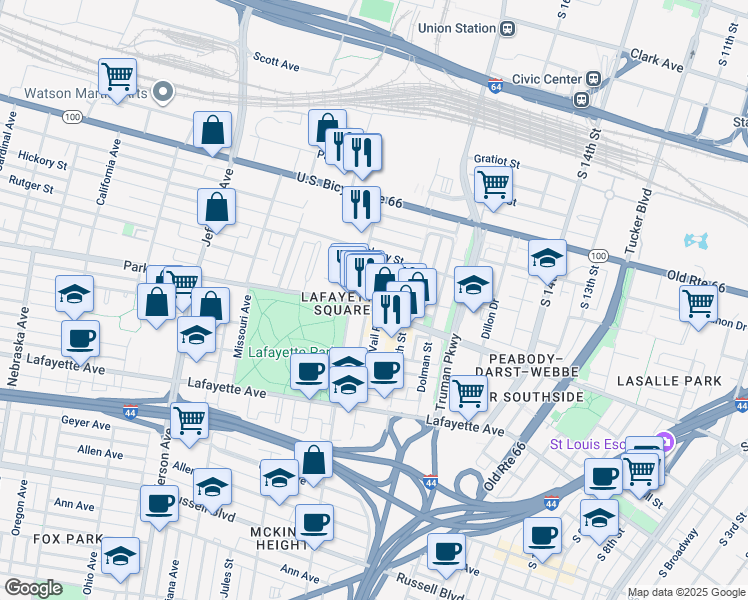 map of restaurants, bars, coffee shops, grocery stores, and more near 2001 Park Avenue in St. Louis