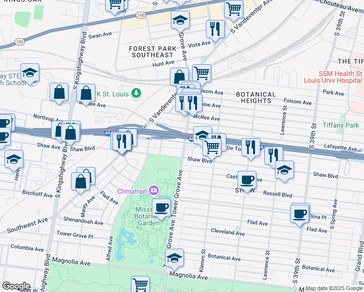 map of restaurants, bars, coffee shops, grocery stores, and more near 4302 De Tonty Street in St. Louis