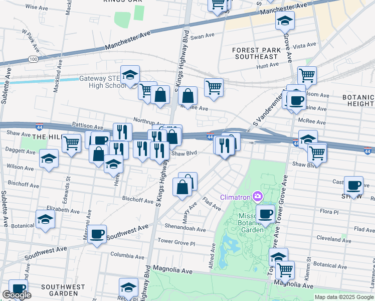 map of restaurants, bars, coffee shops, grocery stores, and more near 4673-4691 Shaw Boulevard in St. Louis