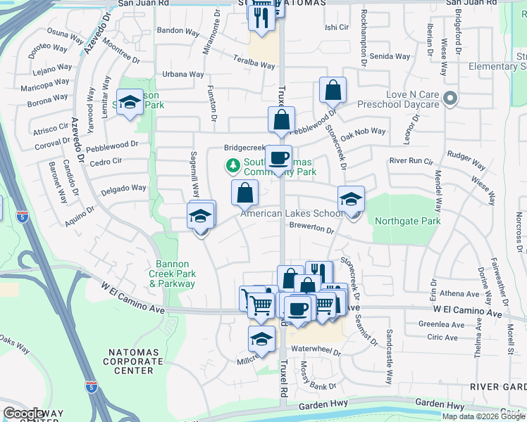 map of restaurants, bars, coffee shops, grocery stores, and more near 1636 Bannon Creek Drive in Sacramento