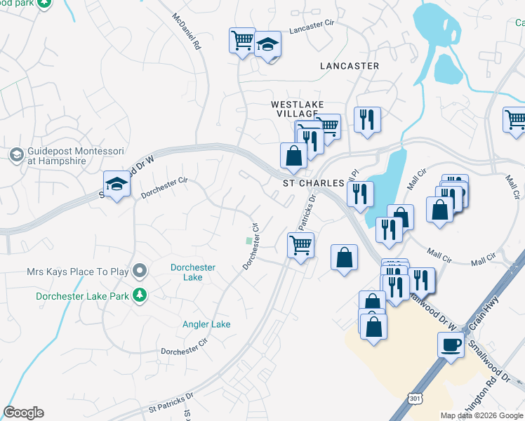 map of restaurants, bars, coffee shops, grocery stores, and more near 5205 Grunion Place in Waldorf
