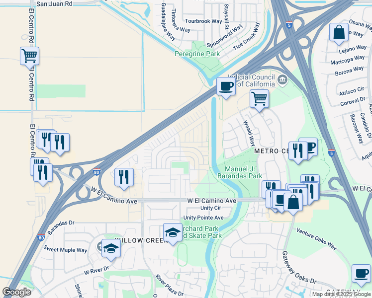 map of restaurants, bars, coffee shops, grocery stores, and more near 2934 Wheat Grass Street in Sacramento