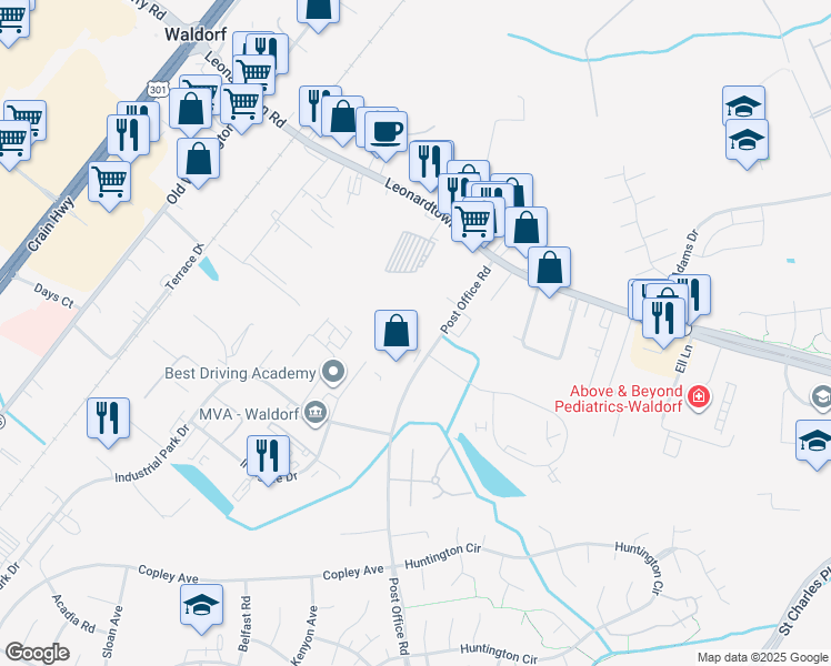 map of restaurants, bars, coffee shops, grocery stores, and more near 90 Post Office Rd in St Charles