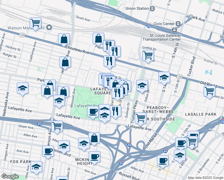 map of restaurants, bars, coffee shops, grocery stores, and more near 1911 Park Avenue in St. Louis
