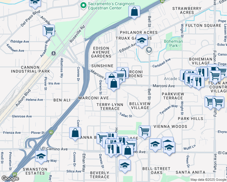 map of restaurants, bars, coffee shops, grocery stores, and more near 2863 Howe Avenue in Sacramento