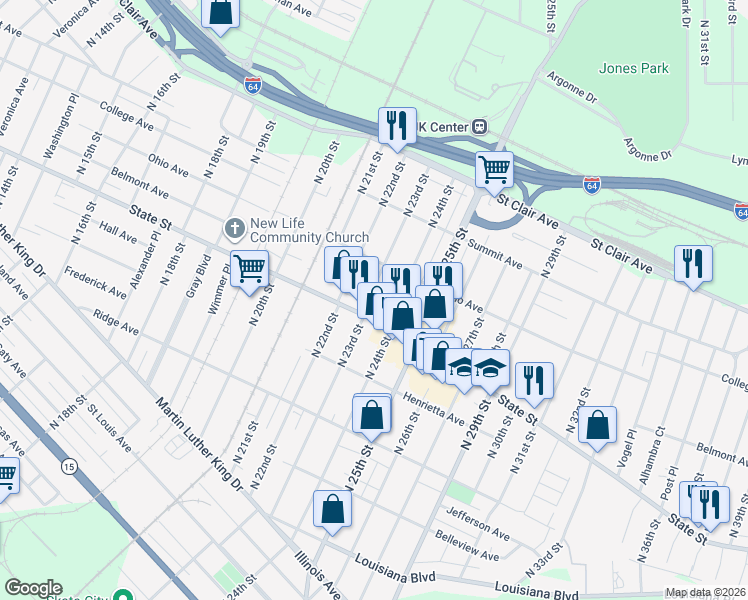 map of restaurants, bars, coffee shops, grocery stores, and more near 612 North 23rd Street in East St. Louis