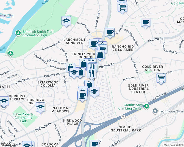 map of restaurants, bars, coffee shops, grocery stores, and more near 2310 Sunrise Boulevard in Gold River